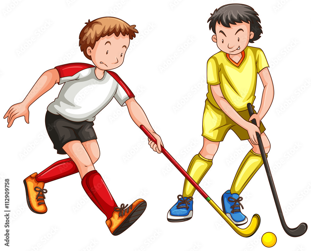 Two men playing ground hockey