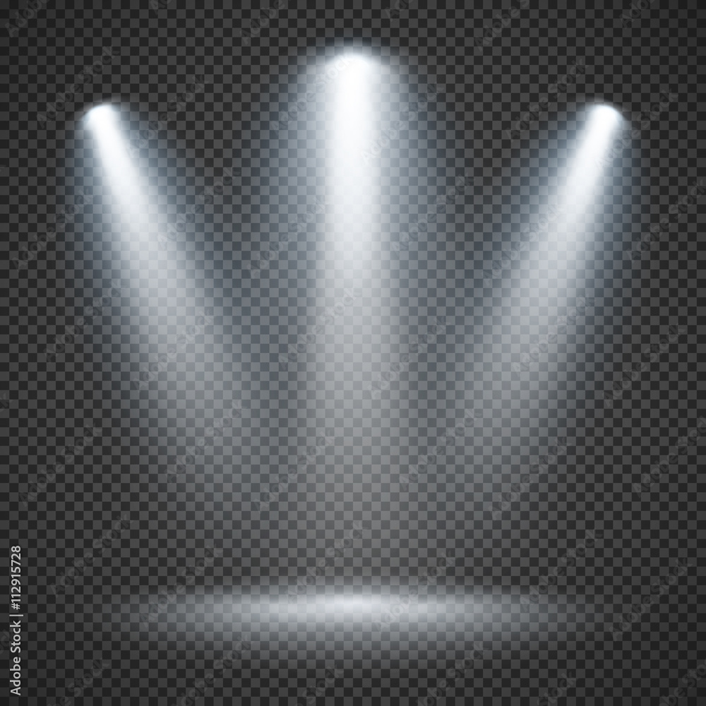 Scene illumination effects on checkered transparent background with bright lighting of spotlights