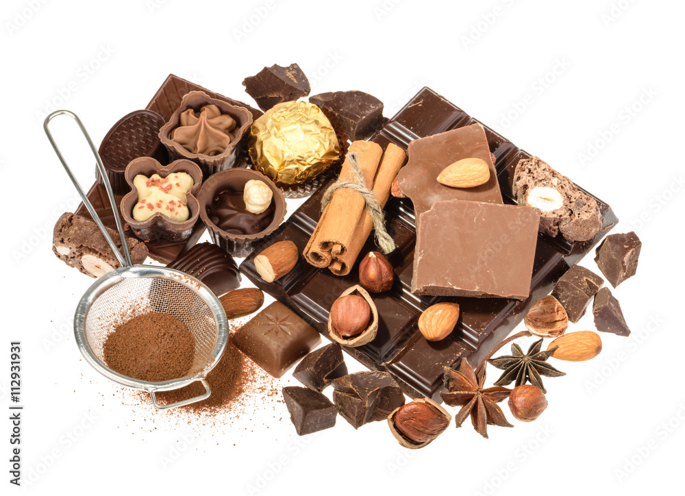 Delicious chocolates isolated on white background