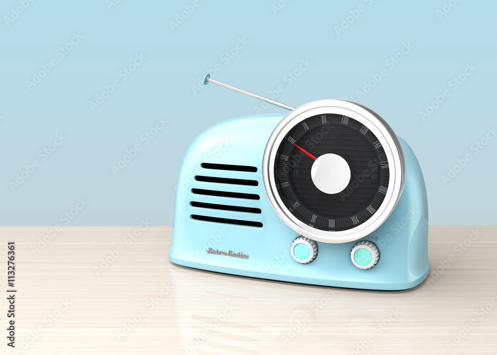 Pastel blue retro style radio isolated on light blue background. 3D rendering image with clipping pa