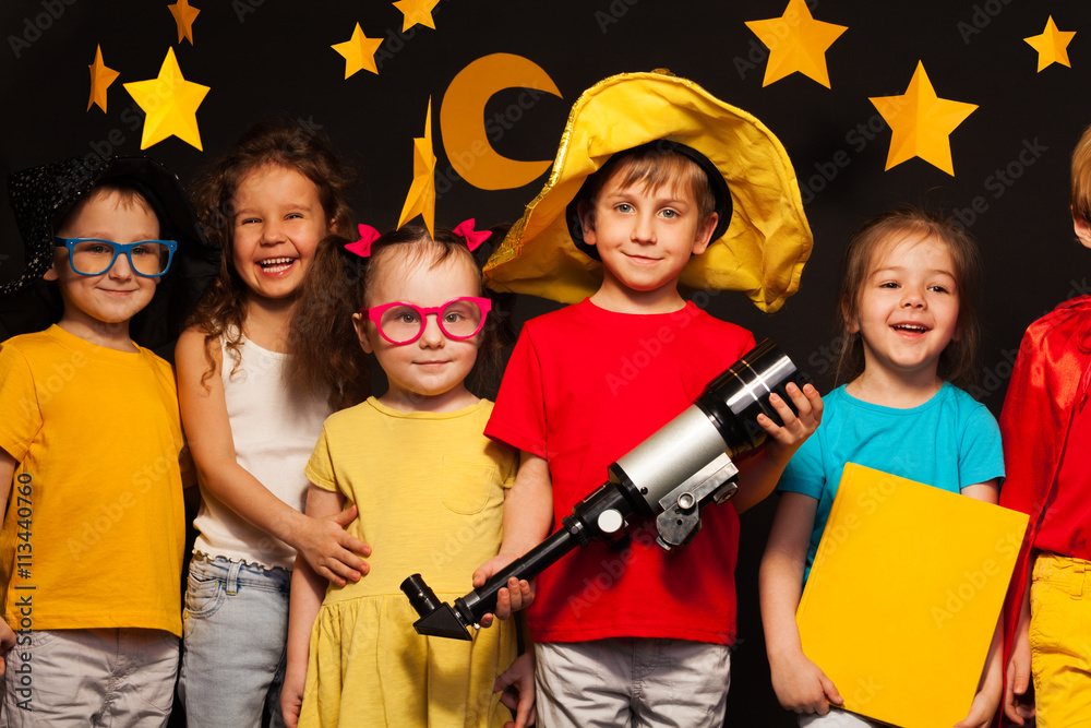 Group of happy friends playing sky watchers