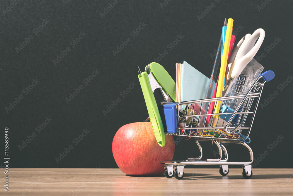 Shopping cart with school supplies