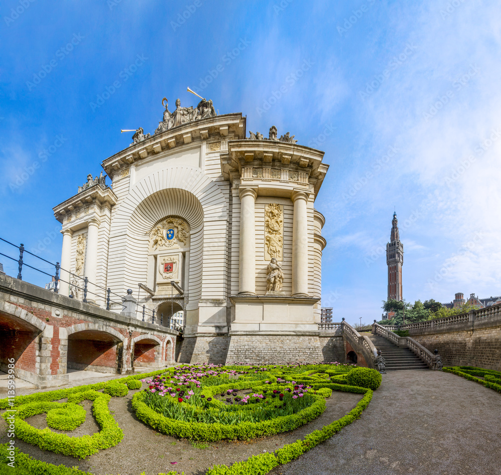 View of french city Lille with belfry, council hall and Paris鈥� gate