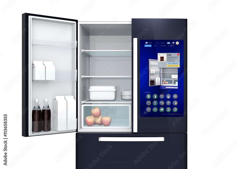 Front view of smart refrigerator. User can manage food or purchase new one by touch screen interface