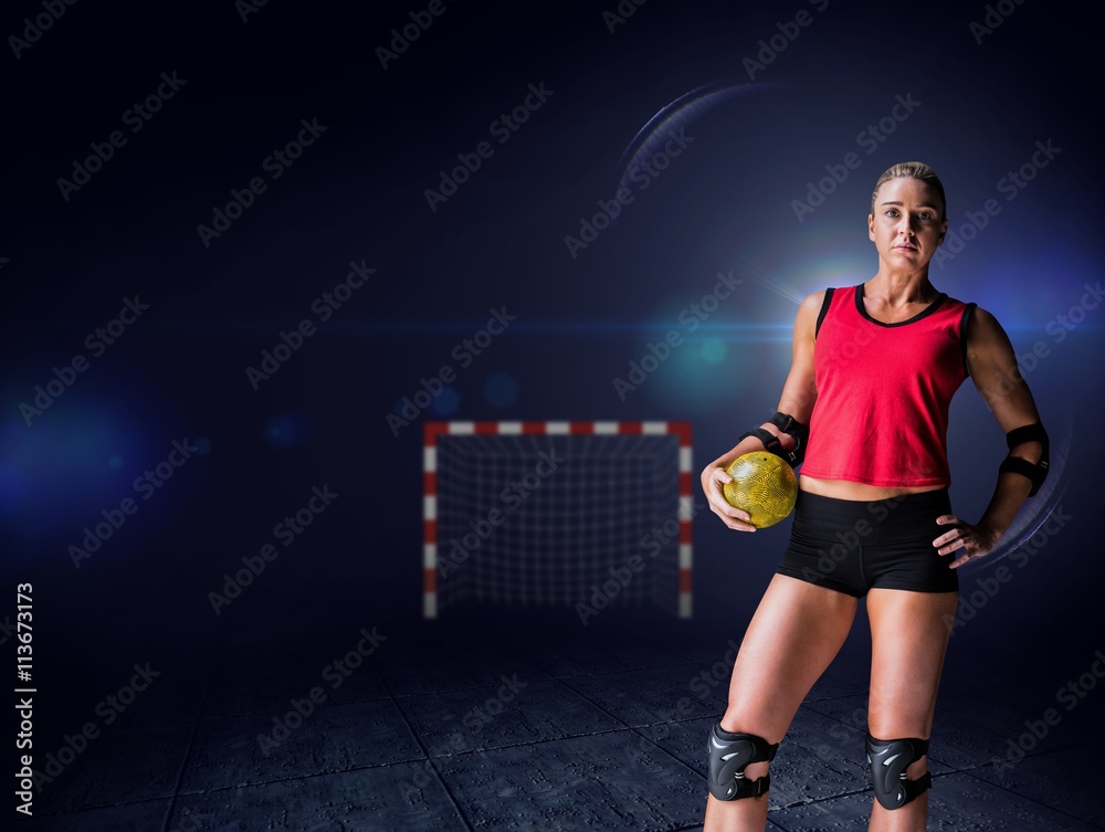 Composite image of female athlete with elbow pad holding handball