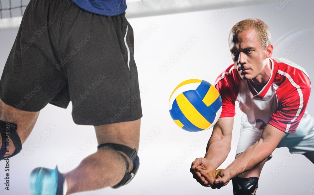 Composite image of rear view of sportsman posing while playing volleyball