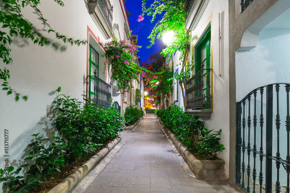 Architecture of Puerto de Mogan at night, a small fishing port on Gran Canaria, Spain.