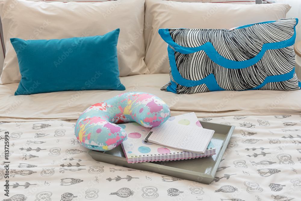 colorful pillows on bed in luxury girls bedroom