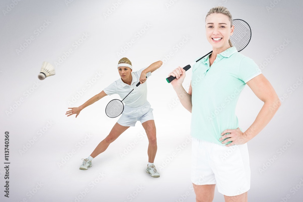 Composite image of badminton players playing and posing