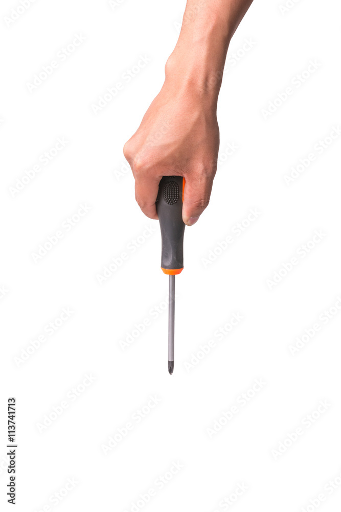 hand holds old screw driver on white