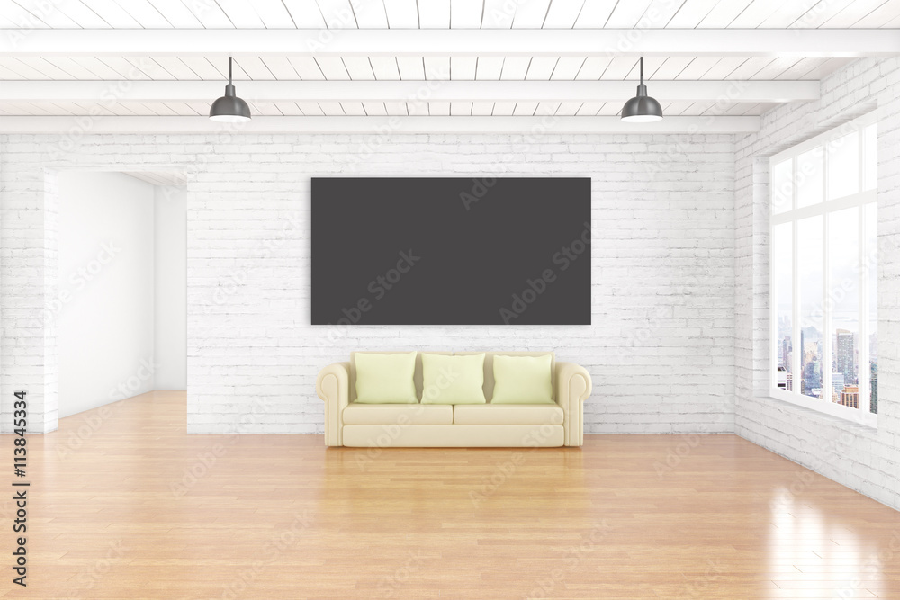 Chalkboard and sofa in room