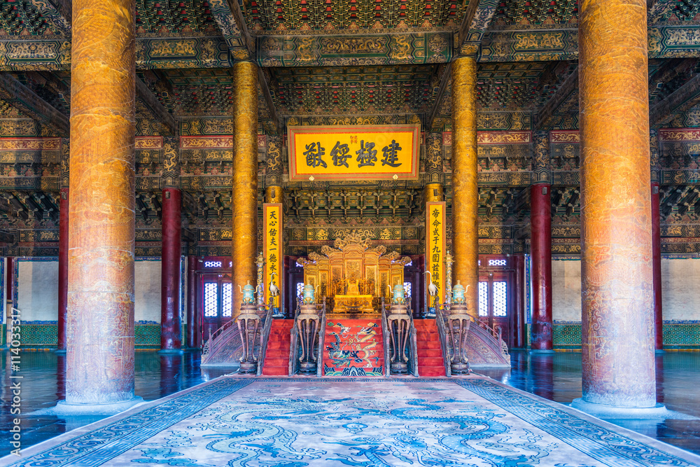 Chinese emperors throne in The Forbidden City . Forbidden City was built in 1420,it is a very famou