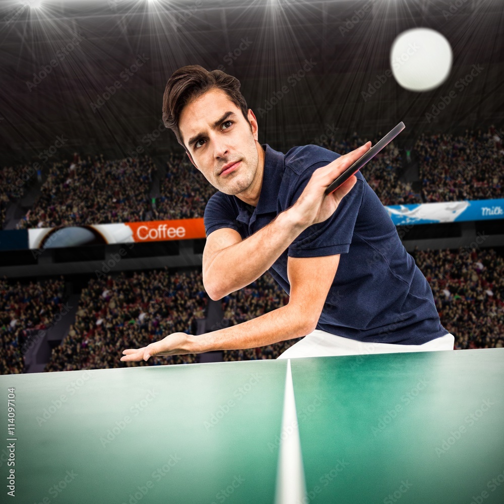 Composite image of confident male athlete playing table tennis