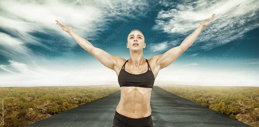 Composite image of female athlete raising arms