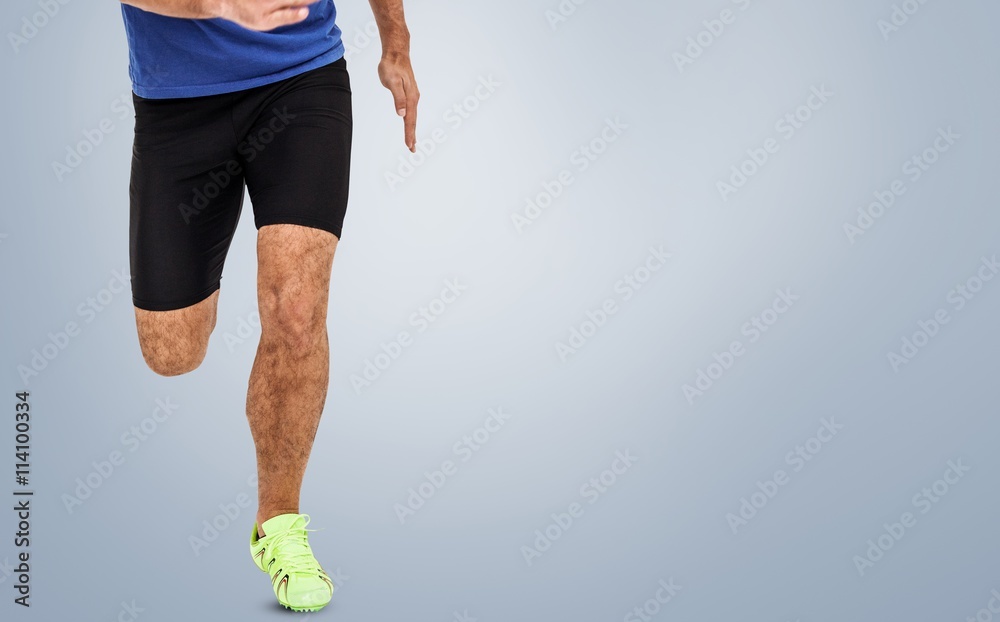 Composite image of athlete feet running on white background