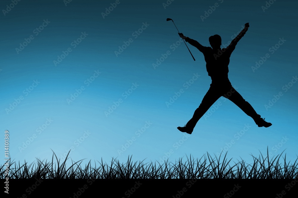 Composite image of man jumping with golf club