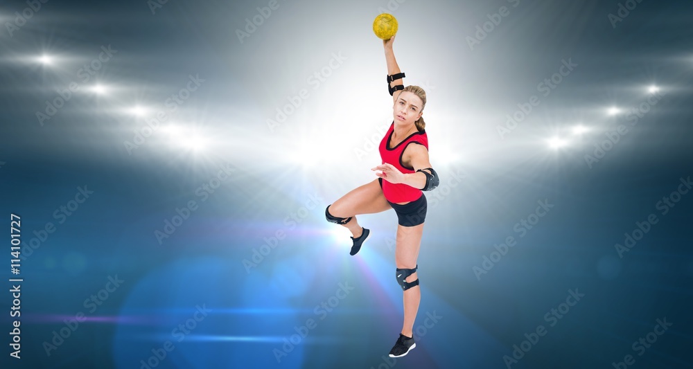 Composite image of female athlete throwing handball