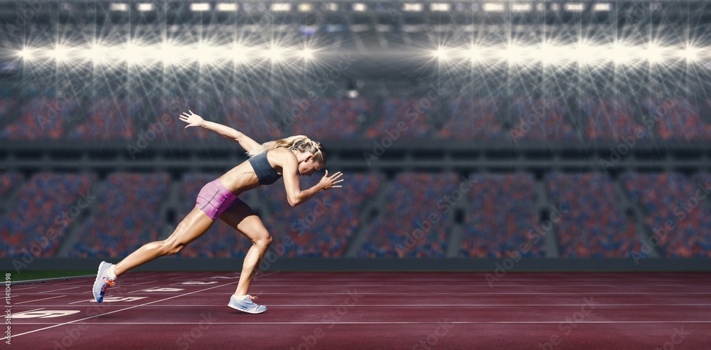 Composite image of sporty woman running 