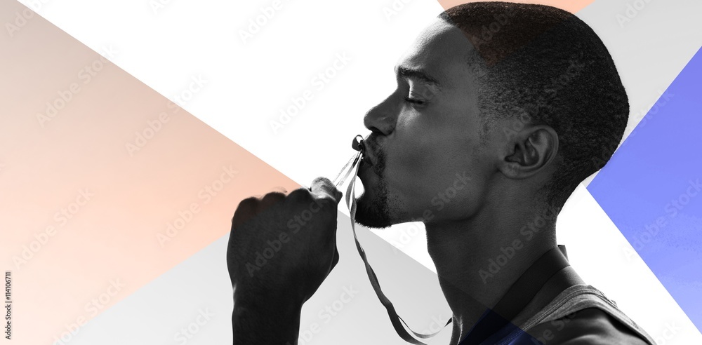 Composite image of sportsman is kissing his medal 