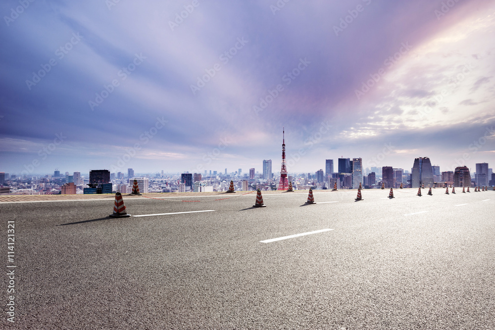 empty street with cityscape and skyline of tokyo in romance sky