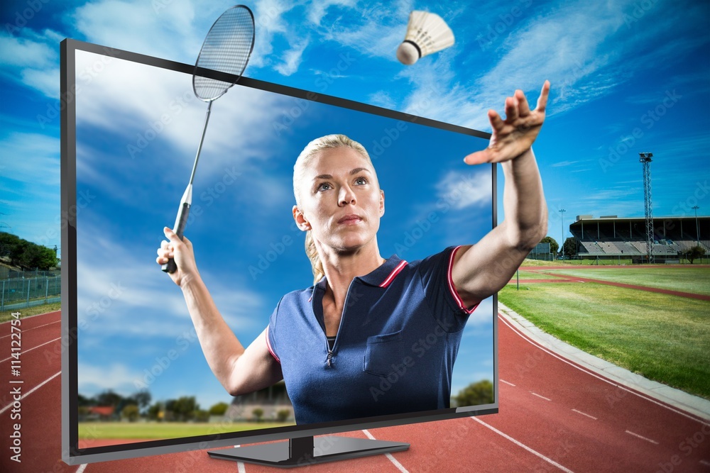 Composite image of badminton player playing badminton 