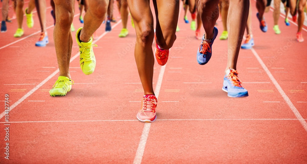 Composite image of close up of sportsman legs running 