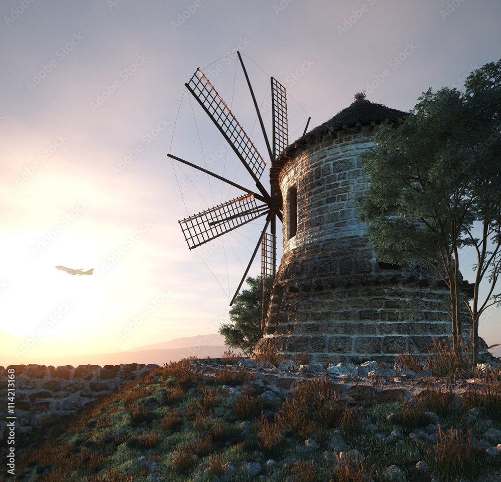  windmill on sunset background and plane travel technology concept composition