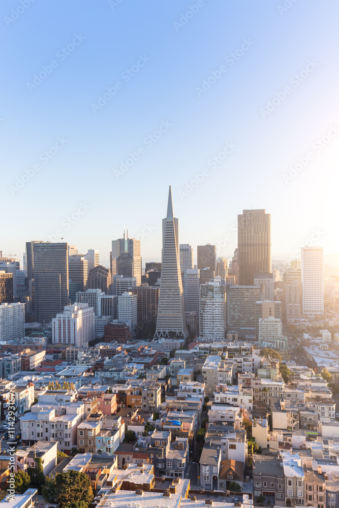 cityscape and skyline of san francisco at sunrise