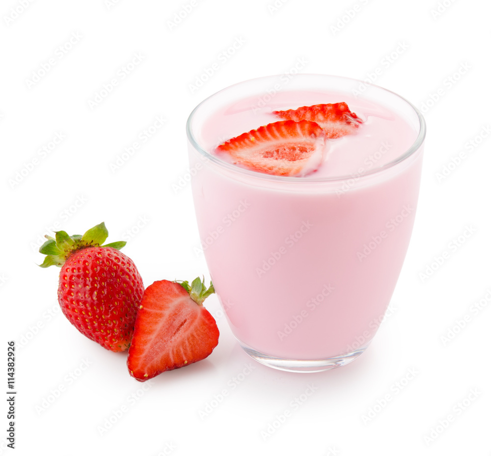 Strawberry yogurt in glass isolated on white background with clipping path.