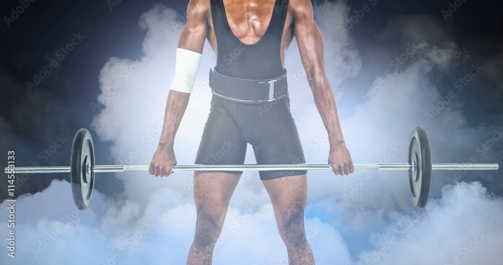 Composite image of bodybuilder lifting heavy barbell weights