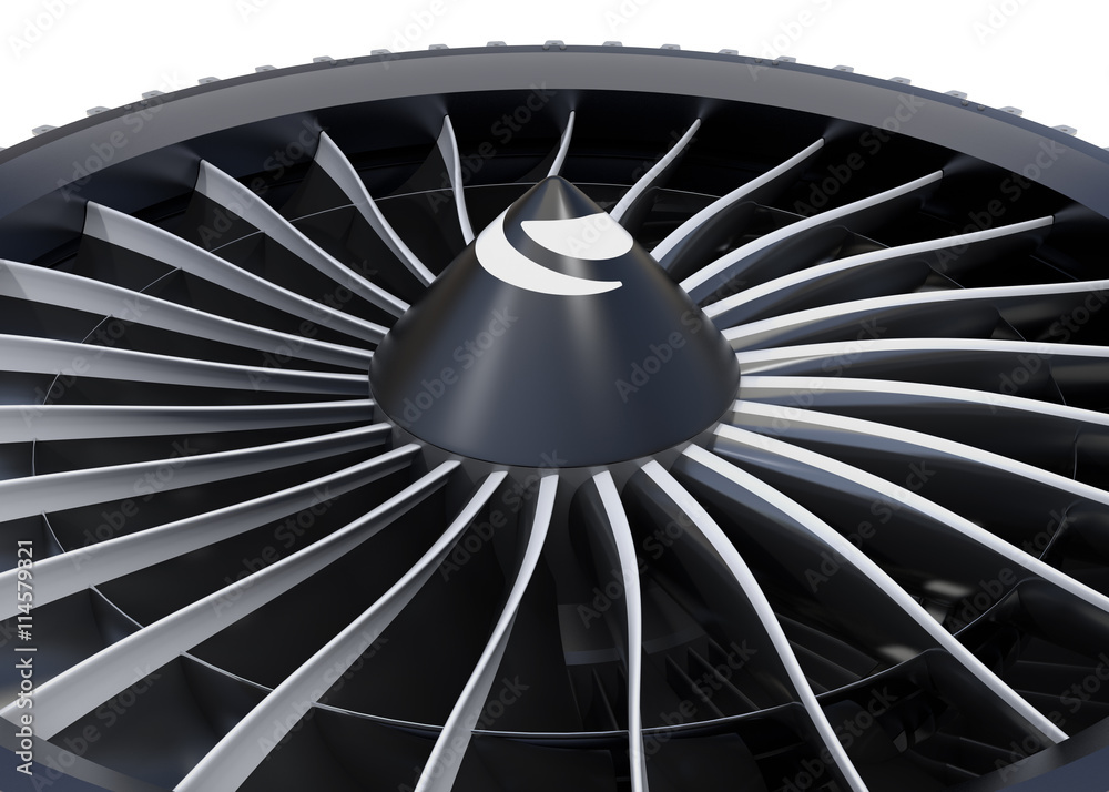 Close-up of jet fan engine turbo blades. 3D rendering image.