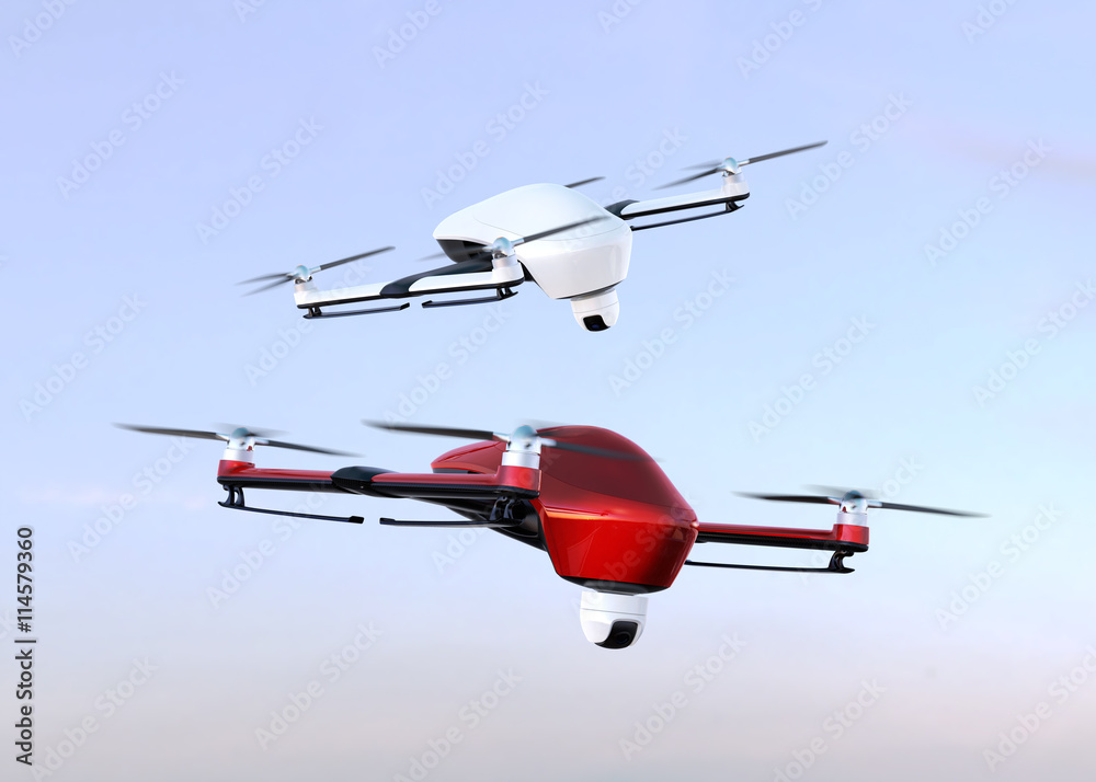 Security drones with camera flying in the sky. 3D rendering image.