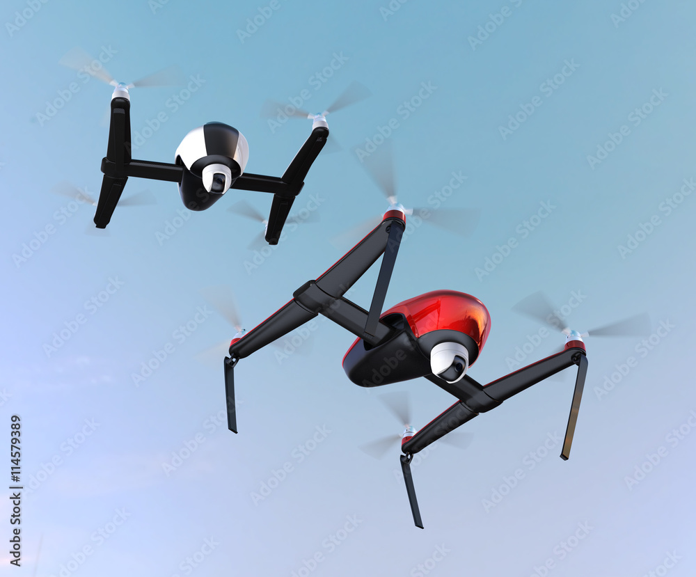 Drones with camera in the sky, red drone prepare to landing. 3D rendering image.