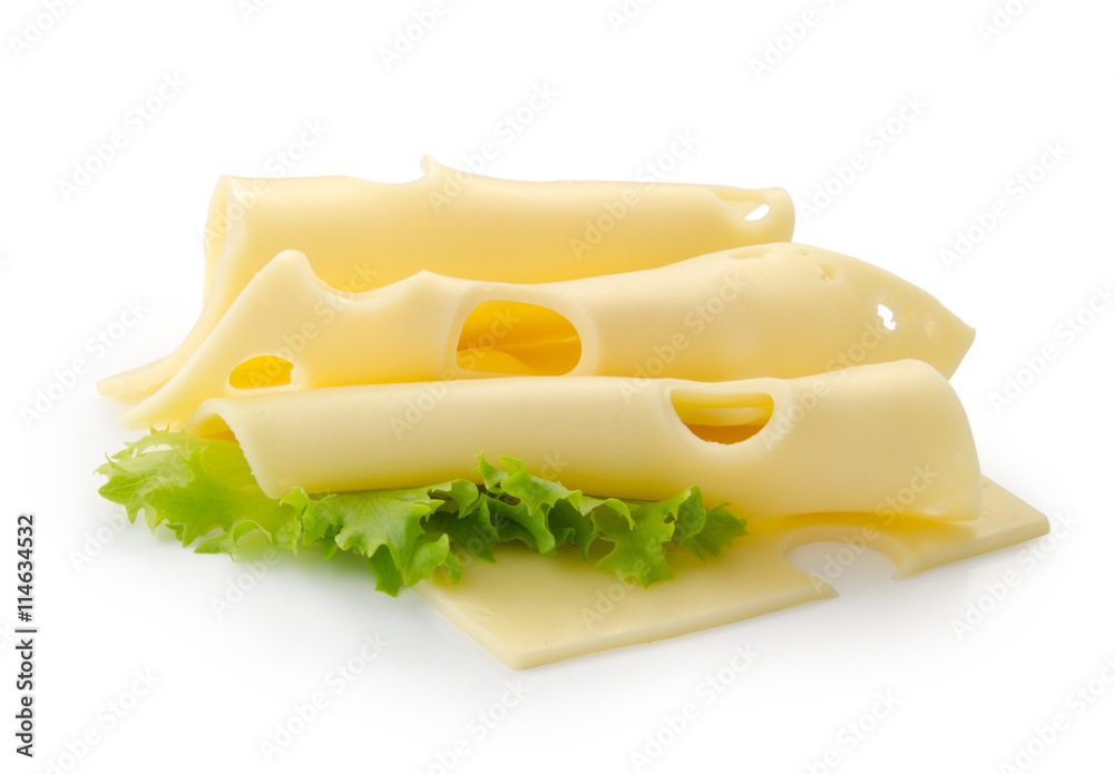 slices of cheese on white background with clipping path