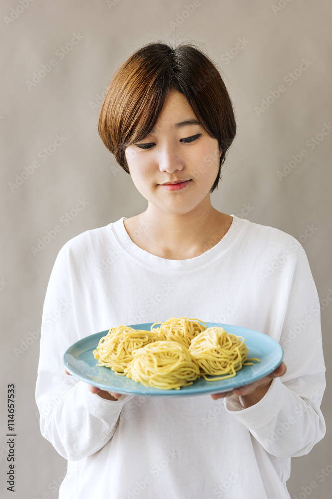 Ramen Noodle Sweet Pursuit Girl Peace Joyful Concept