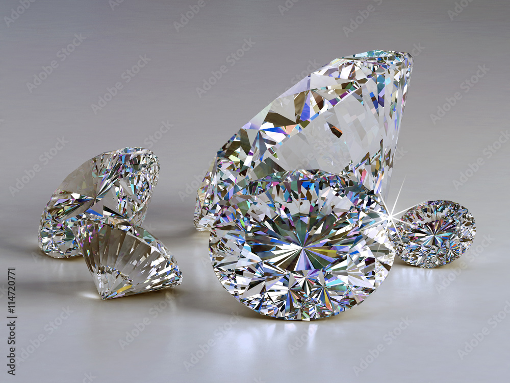 Group of diamonds placed on gray background, 3D illustration.