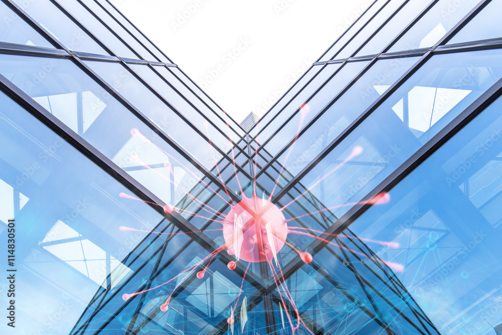 red neuron on wall of modern buildings with glass wall in tokyo