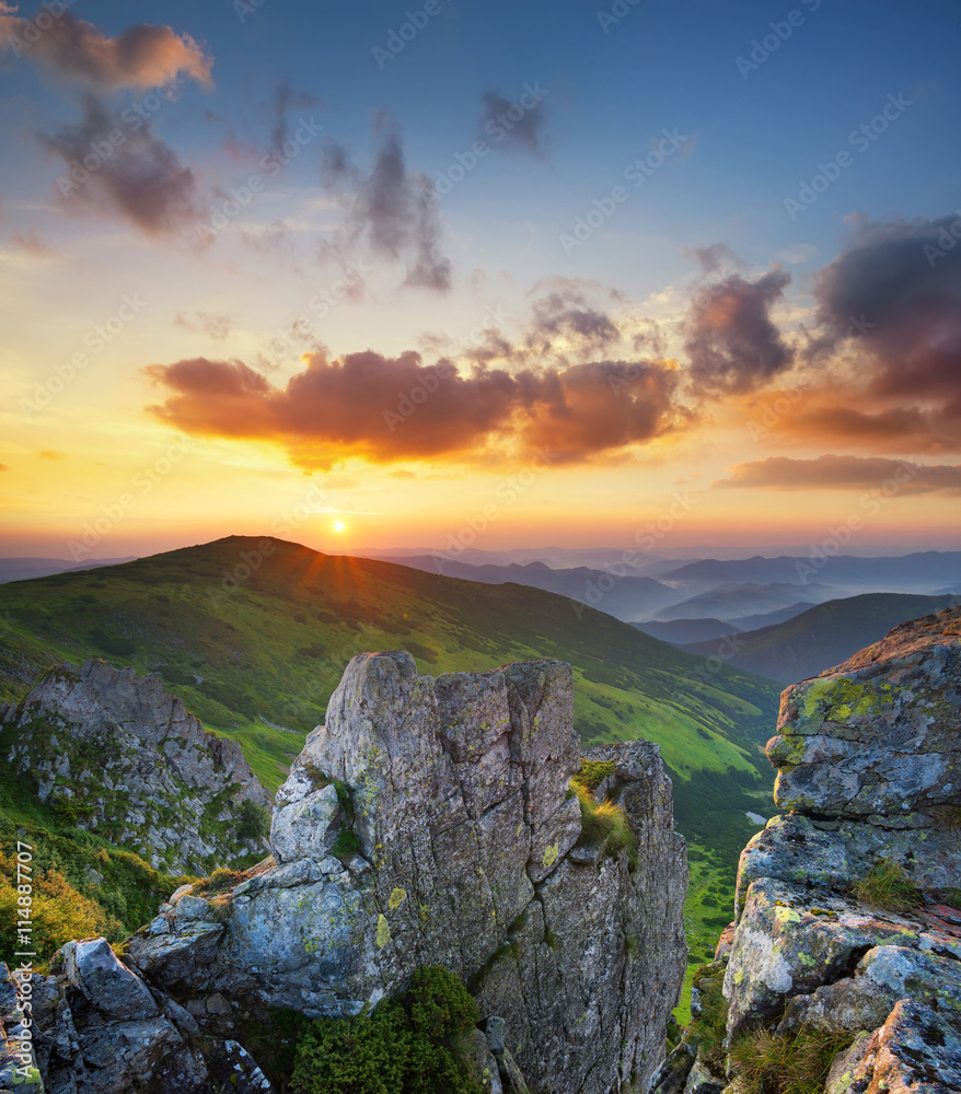 Mountain valley during sundown. Natural summer landscape