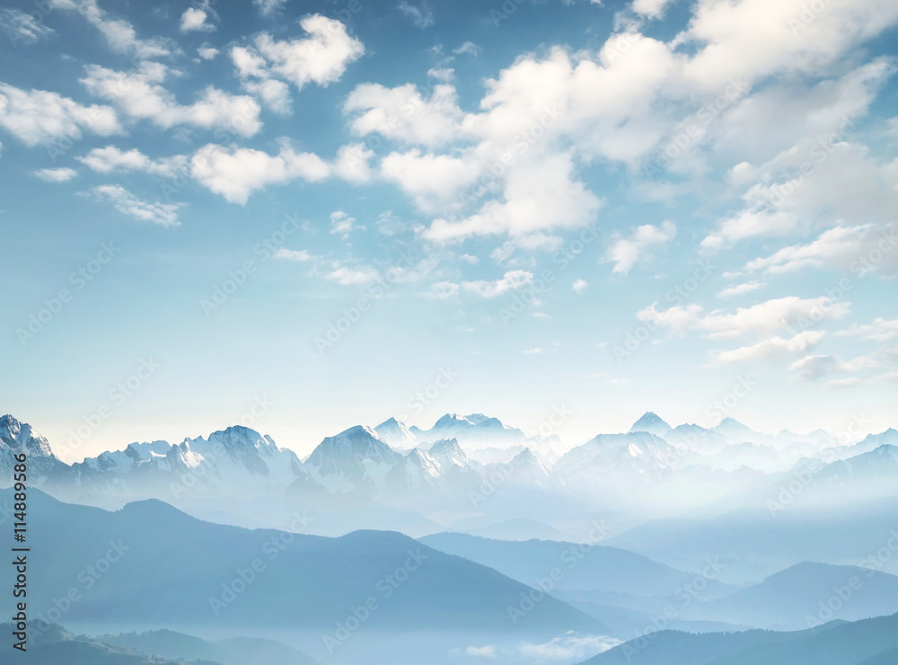 Hills during sunrise in mountain valley. Beautisul natural landscape