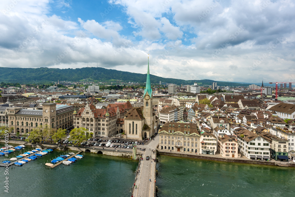 Aerial view of Zurich old town along Limmat river, Zurich, Switz