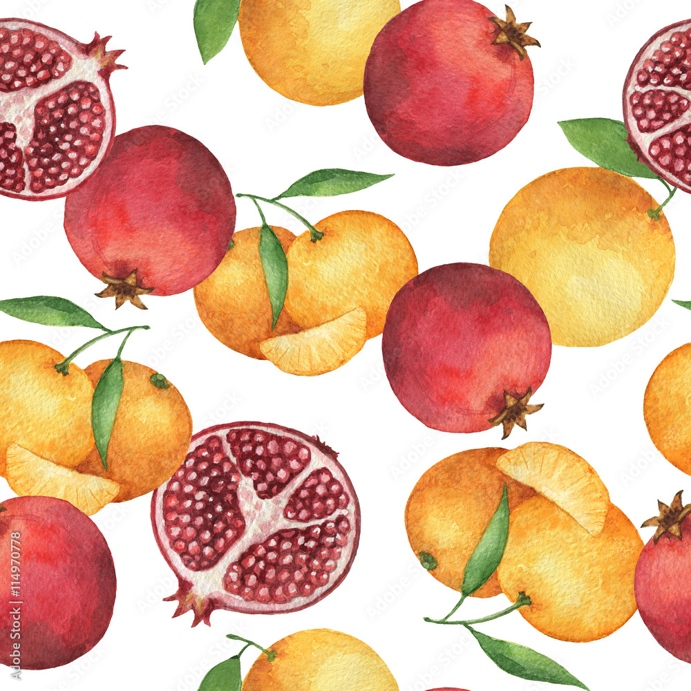 Watercolor seamless pattern with fresh pomegranates and oranges.