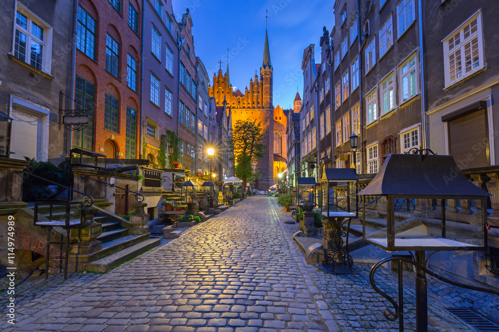 Beautiful architecture of Mariacka (St. Mary) street in Gdansk at night