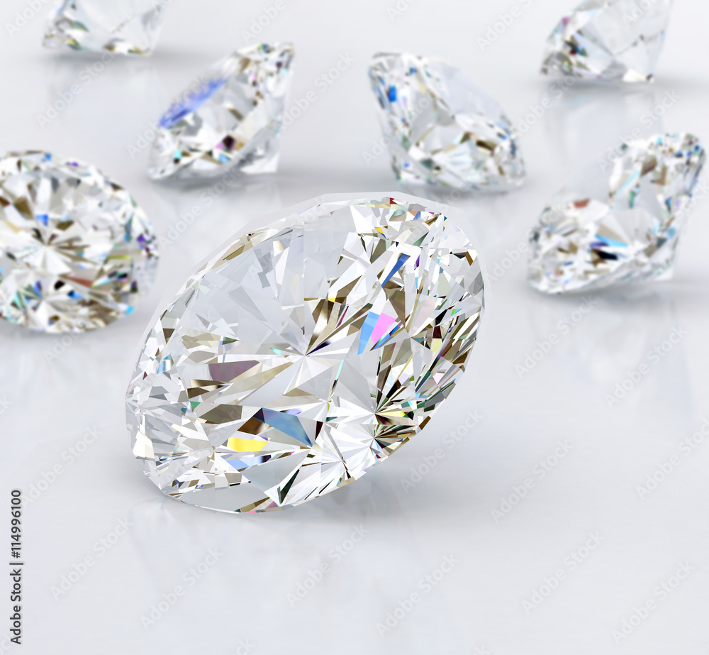 Group of diamonds placed on white background soft focus, 3D illustration.