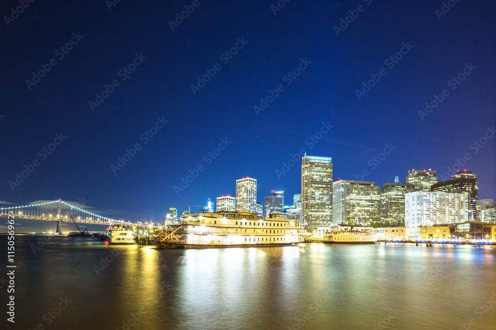 downtown of san francisco near bay bridge at night