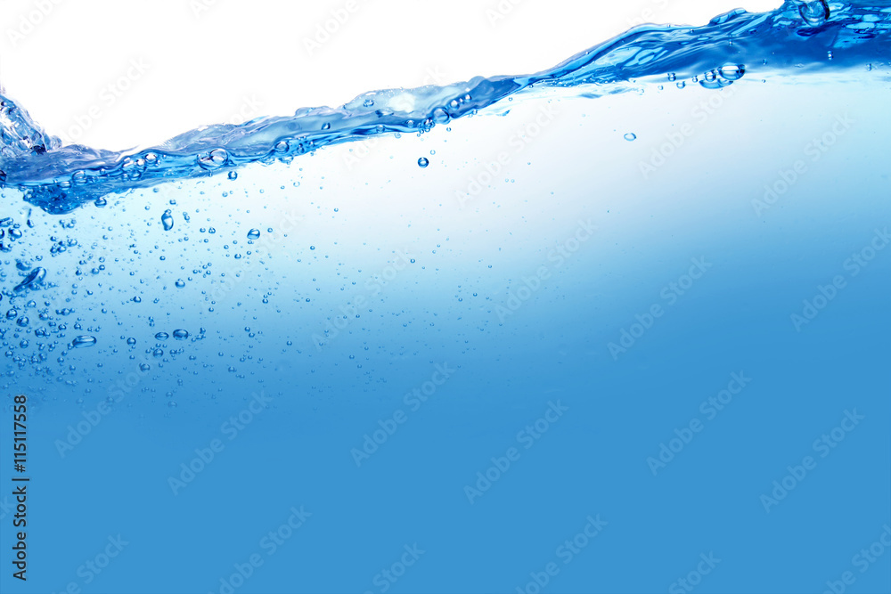 Close up blue Water splash with bubbles on white background