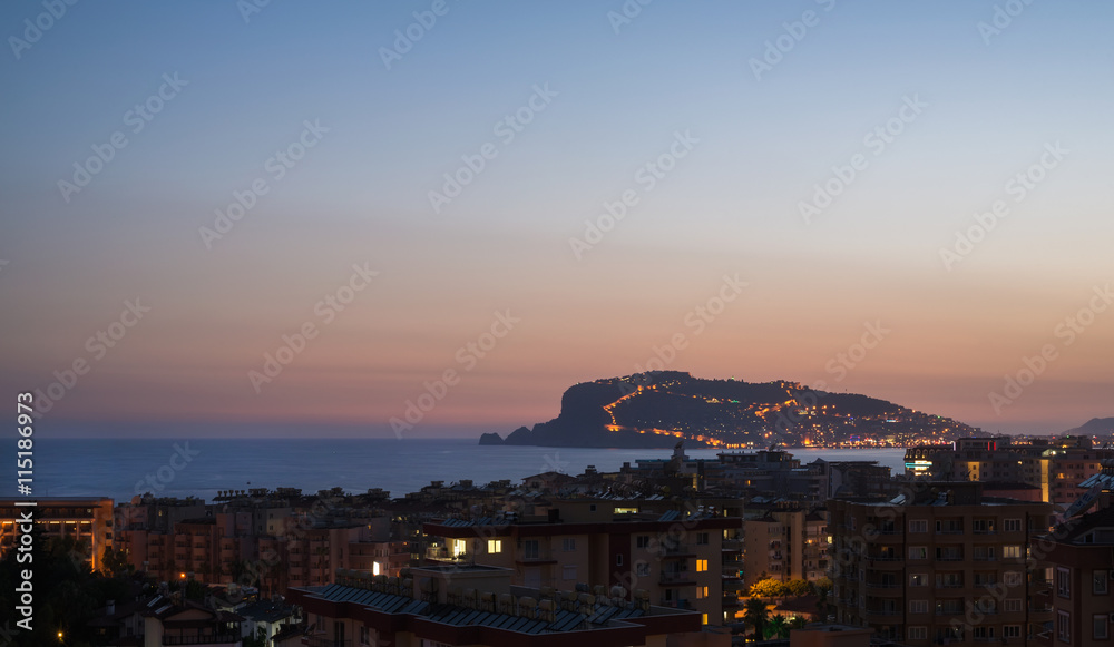 Late evening view of Alanya peninsula from Tosmur district