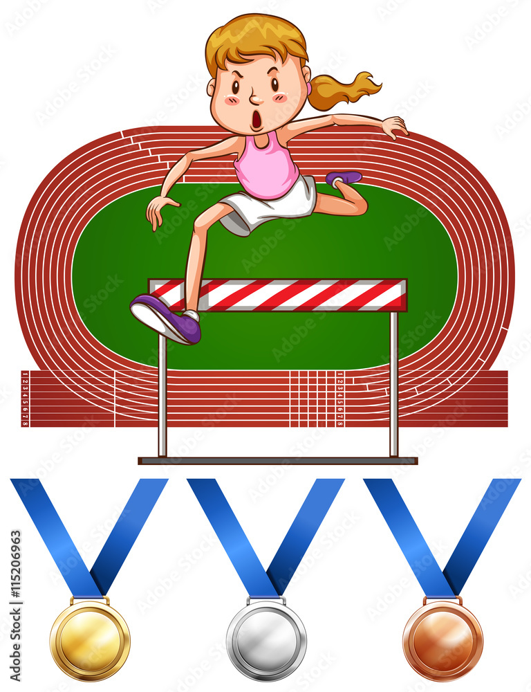 Girl doing hurdles run and medals