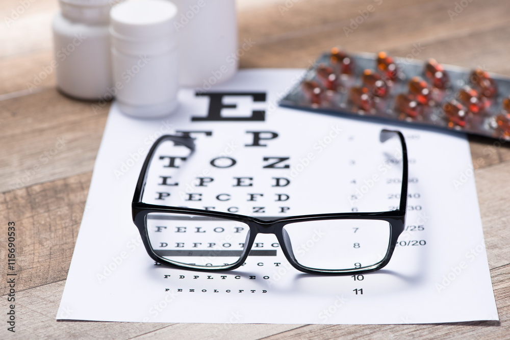 Healthy eyes. Eye chart and medicine