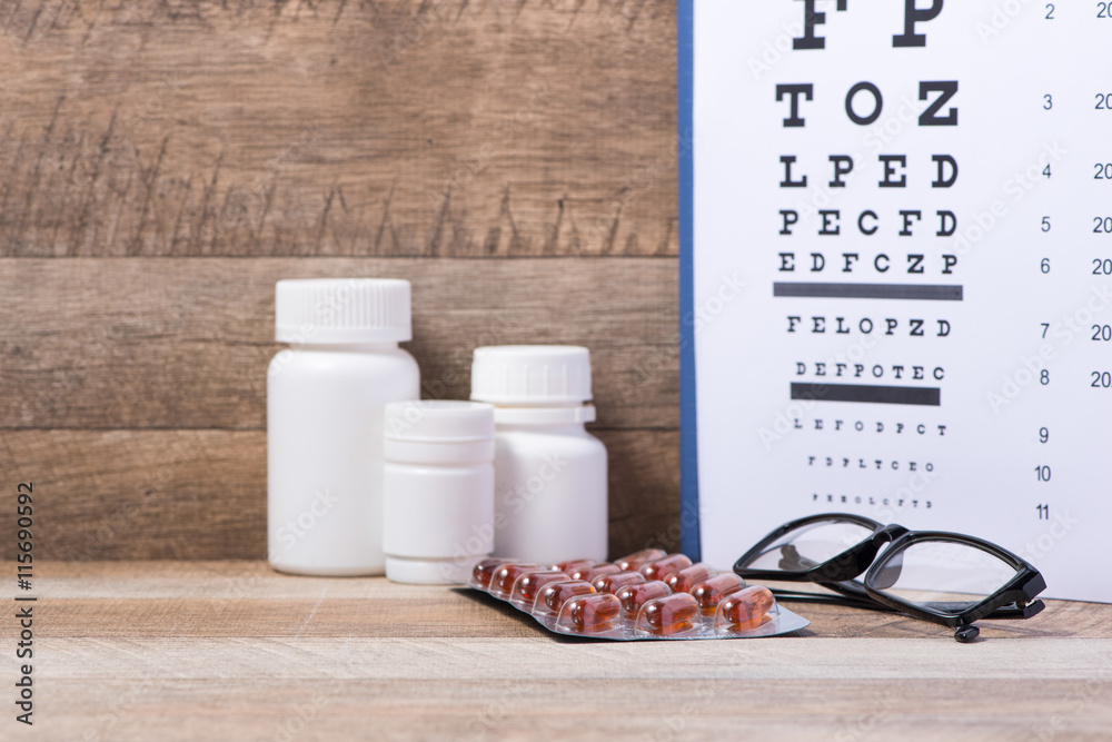 Healthy eyes. Eye chart and medicine