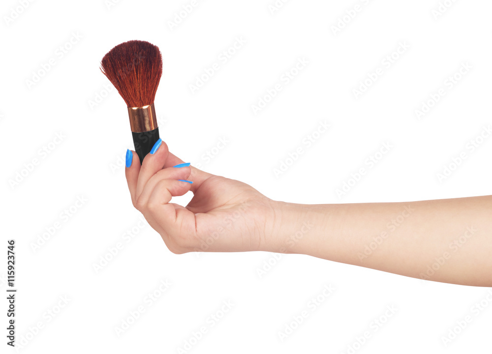 Professional make-up brush cosmetic in female hand beautician isolated on white background